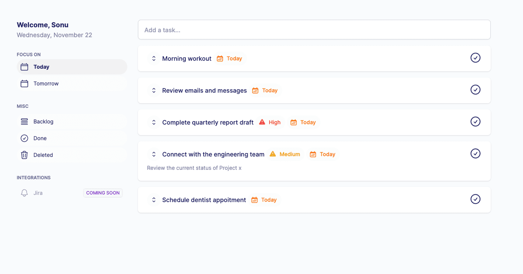 TaskSpot interface showing today and tomorrow task views with easy switching between views