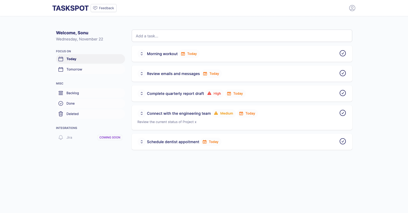 TaskSpot clean user interface showing organized task list with intuitive design and minimal distractions