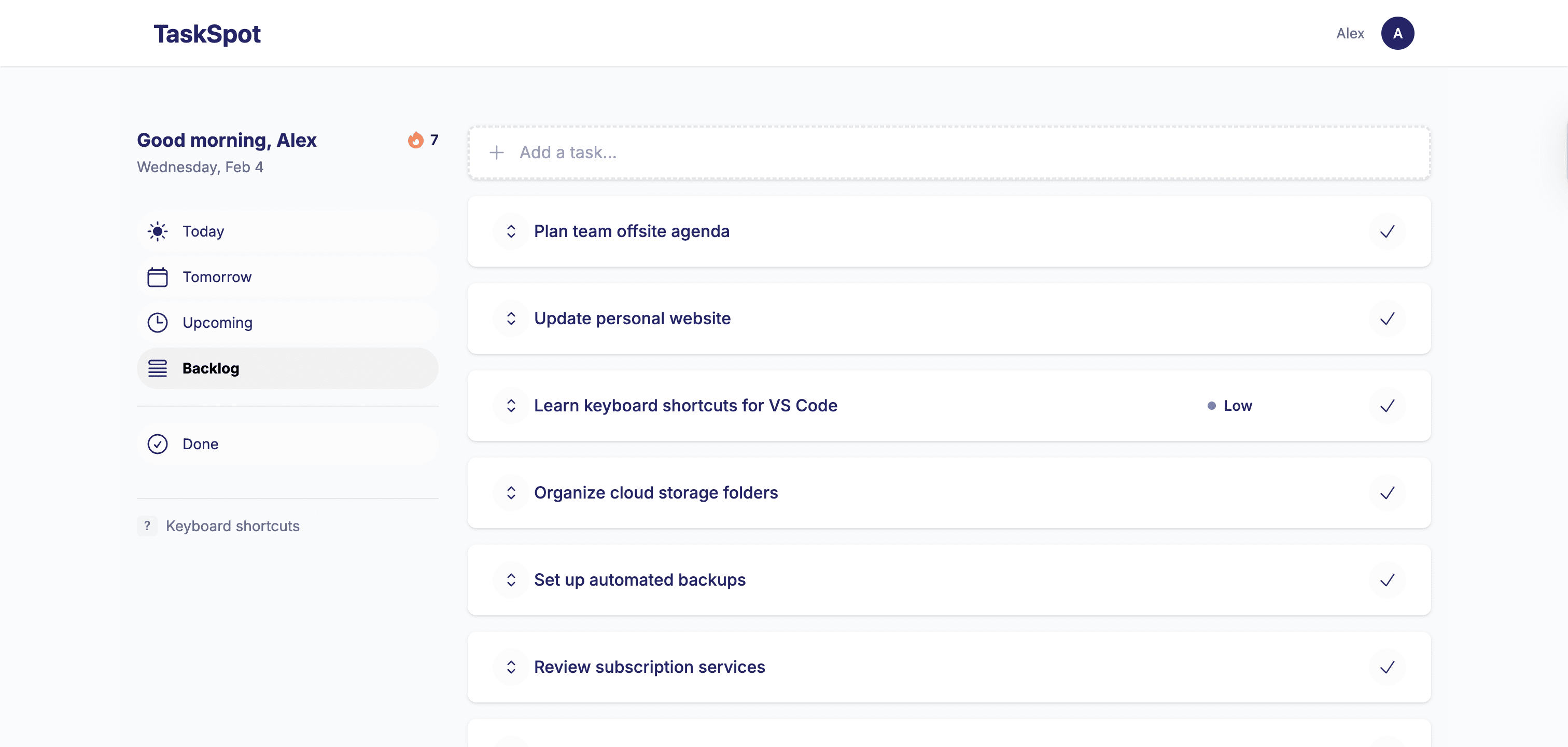 TaskSpot Backlog view showing organized list of upcoming tasks ready to be scheduled
