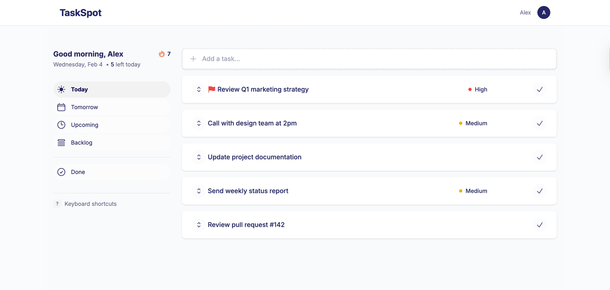 TaskSpot app interface showing clean task management dashboard with today and tomorrow views