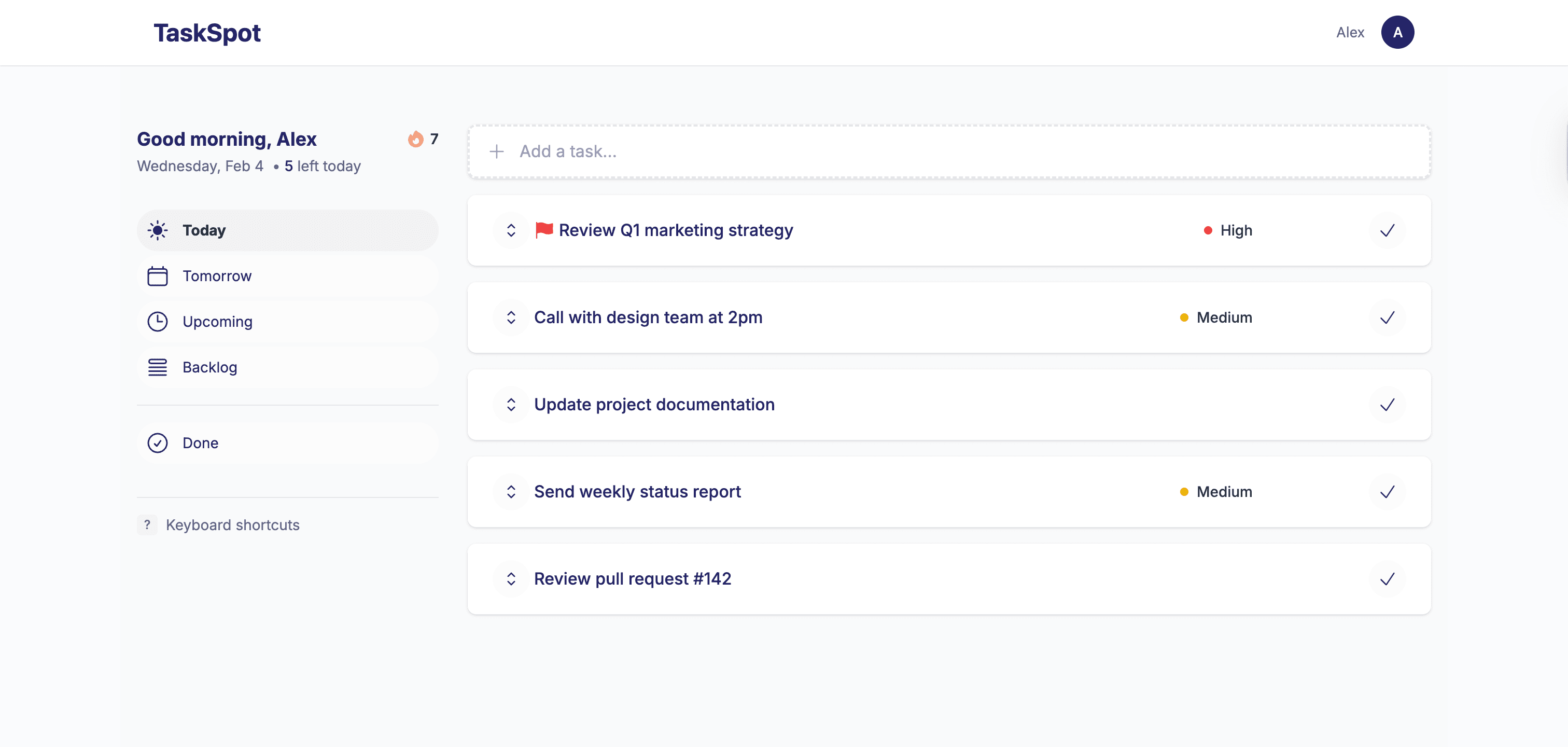 TaskSpot clean user interface showing organized task list with intuitive design and minimal distractions