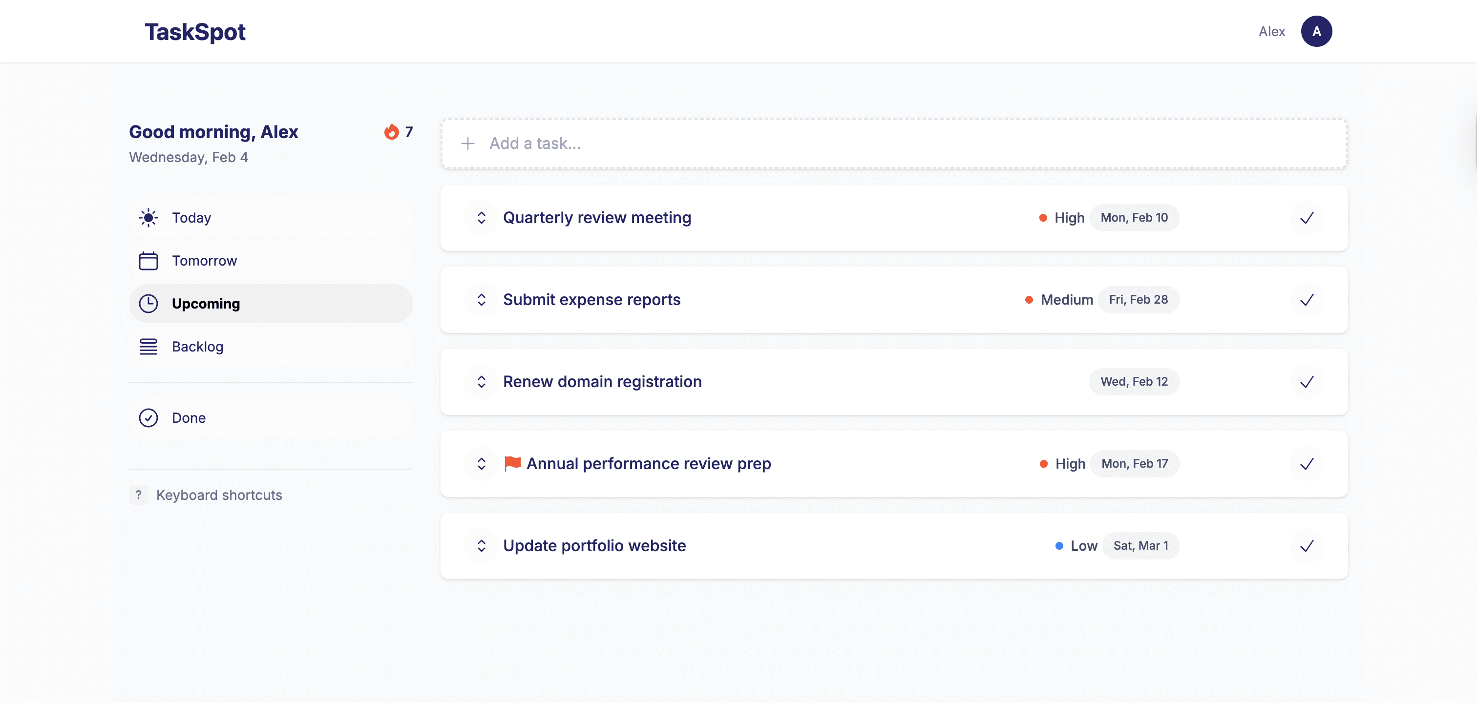TaskSpot Upcoming view showing tasks scheduled for future dates with calendar picker