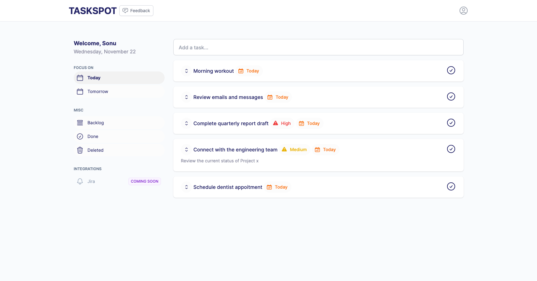 TaskSpot clean user interface showing organized task list with intuitive design and minimal distractions